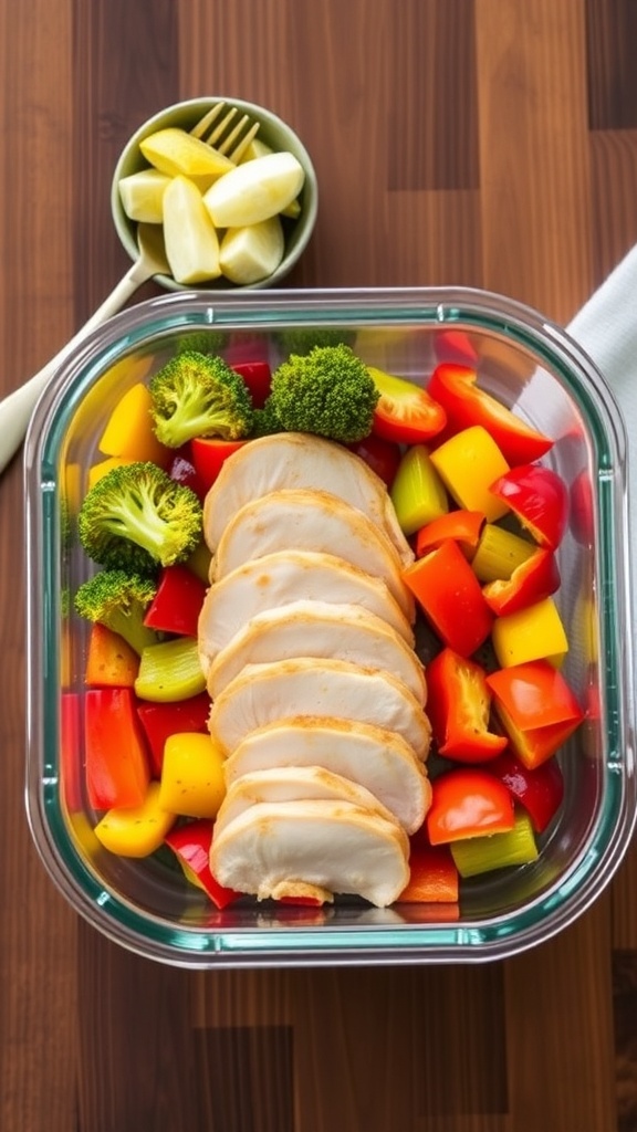 Air Fryer Chicken and Vegetable Meal Prep Meal prep container with air-fried chicken and mixed vegetables on a wooden table.